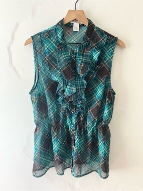 ULTRA PINK Plaid Ruffle Sleeveless Button Up Blouse
